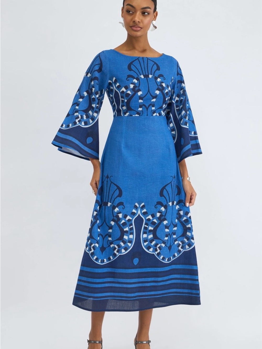 Blue Patterned Long-Sleeve A-Line Midi Dress